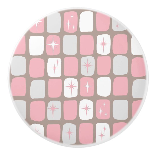 Pomo De Cerámica Botón de cerámica rosado retro de Starbursts (Anverso)