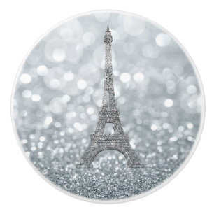 Pomo De Cerámica Brillo de purpurina plateado Paris Torre Eiffel Gl