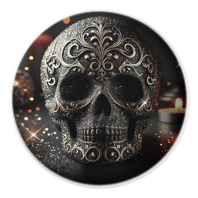 Pomo De Cerámica Brillo negro Glam Sparkle Calavera Gótico  (Anverso)
