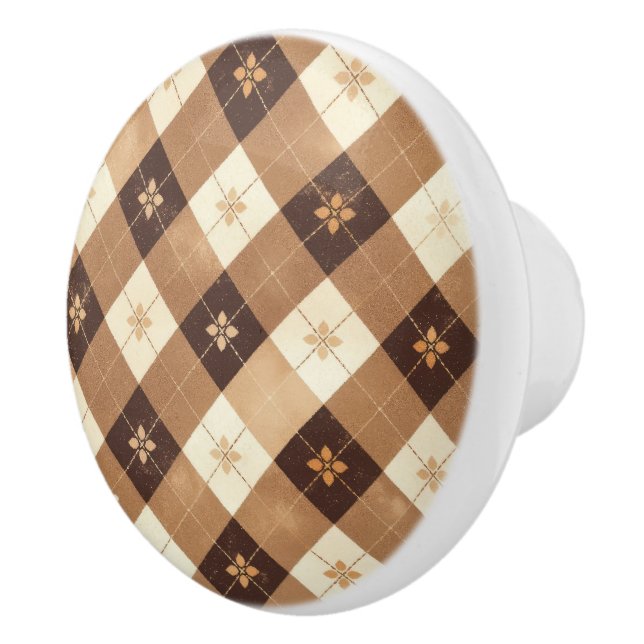 Pomo De Cerámica Brown Tan Gingham Floral Kitchen (Derecha)