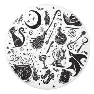 Pomo De Cerámica Bruja Mágica Caprichosa Wicca Pagana Blanco y Negr