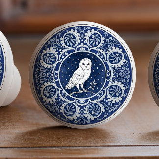 Pomo De Cerámica Búho de Mintons Azul Real Británico Victoriano