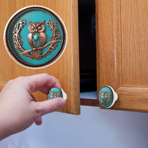 Pomo De Cerámica Búho en cobre y turquesa