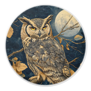Pomo De Cerámica Búho en Perch con luna llena