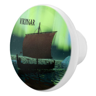 Pomo De Cerámica Buque Viking Y Luces Del Norte