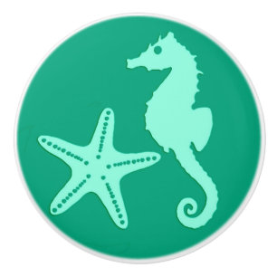 Pomo De Cerámica Caballo de mar y pez estrella - verde verde azulad
