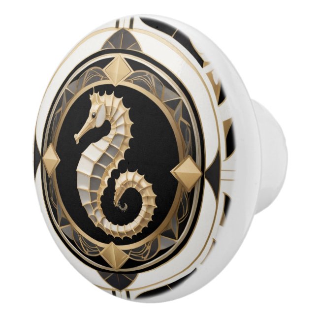 Pomo De Cerámica Caballo marino Art Deco Caballo blanco negro y dor (Derecha)