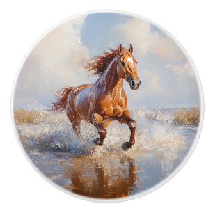 Pomo De Cerámica Caballo marrón castaño corriendo en la playa