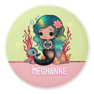 Pomo De Cerámica Cabello verde azulado lindo personalizado rosa est