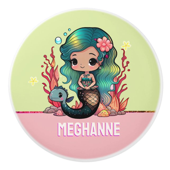 Pomo De Cerámica Cabello verde azulado lindo personalizado rosa est (Anverso)