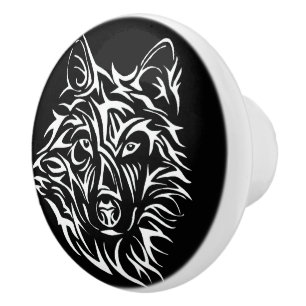 Pomo De Cerámica Cabeza de lobo blanco en negro