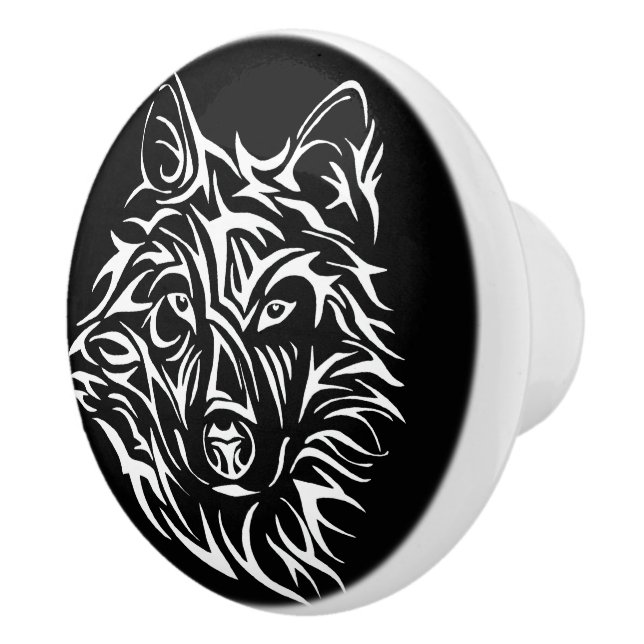 Pomo De Cerámica Cabeza de lobo blanco en negro (Derecha)