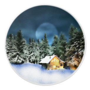 Pomo De Cerámica Cabina Rustic Log con Luna Llena