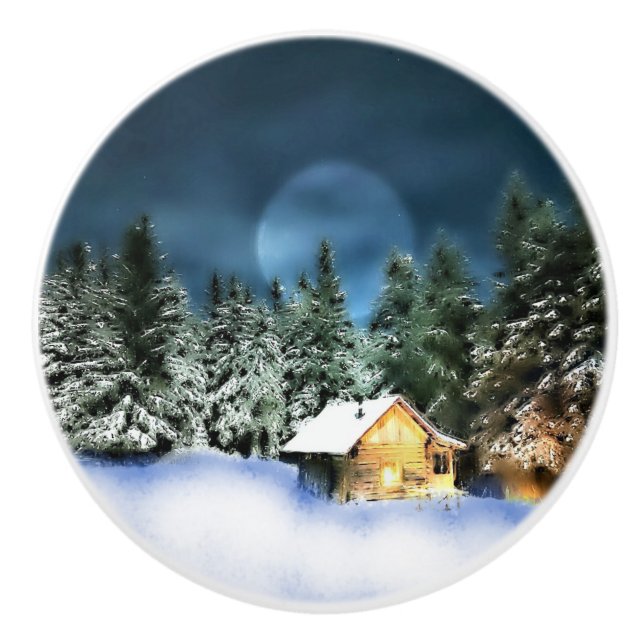 Pomo De Cerámica Cabina Rustic Log con Luna Llena (Anverso)