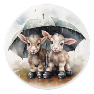 Pomo De Cerámica Cabras bebé adorables en la lluvia