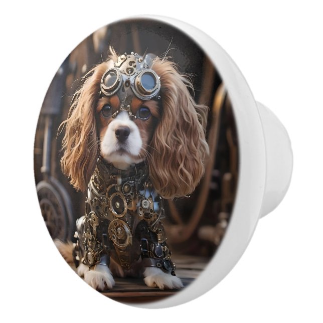 Pomo De Cerámica Cachorro de Cavalier Spaniel Steampunk, (Derecha)