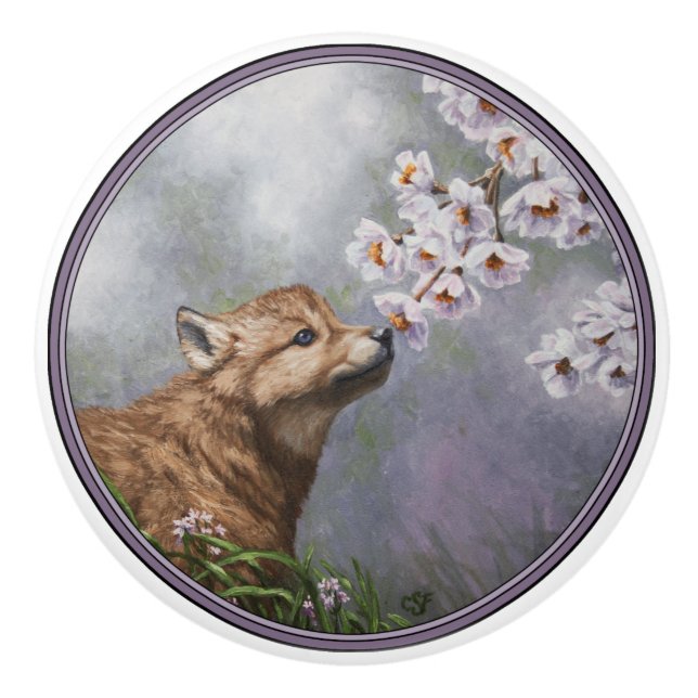 Pomo De Cerámica Cachorro de lobos grises y flores (Anverso)