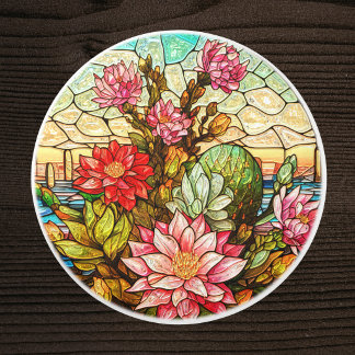Pomo De Cerámica Cacti Desert Pink Flowers Faux Stained Glass