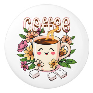 Pomo De Cerámica Café y flores Kawaii lindas