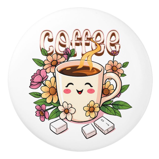 Pomo De Cerámica Café y flores Kawaii lindas (Anverso)