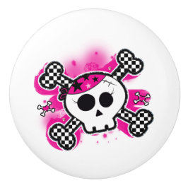 Pomo De Cerámica Cajonería punk de cráneo de pirata rosa con huesos