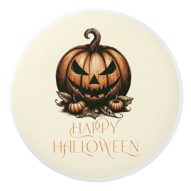 Pomo De Cerámica Calabaza de Halloween feliz (Anverso)