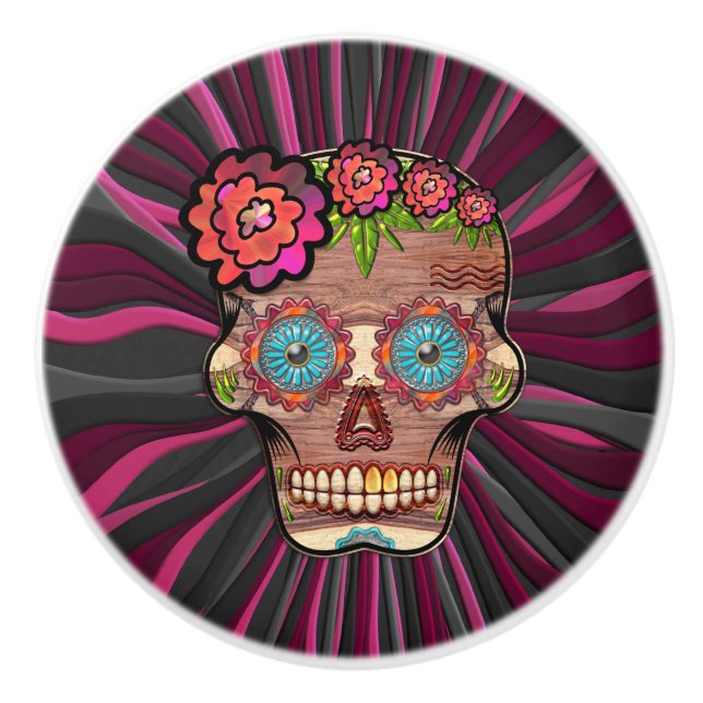 Pomo De Cerámica Calavera de azúcar de aspecto de madera tallada co (Anverso)