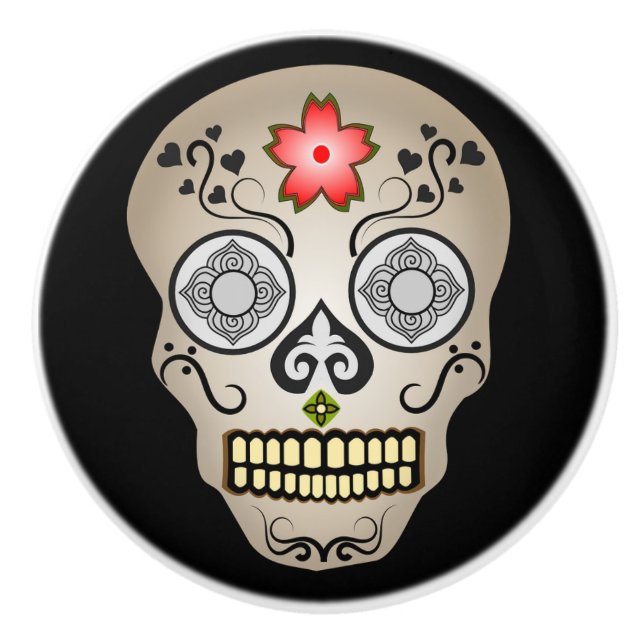 Pomo De Cerámica Calavera de azúcar de flores rojas (Anverso)