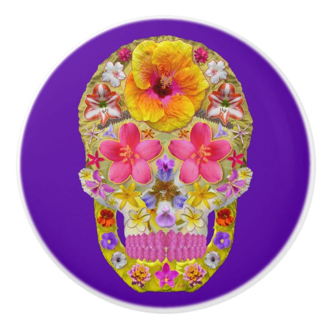 Pomo De Cerámica Calavera de flores 4 - Tropical (Anverso)