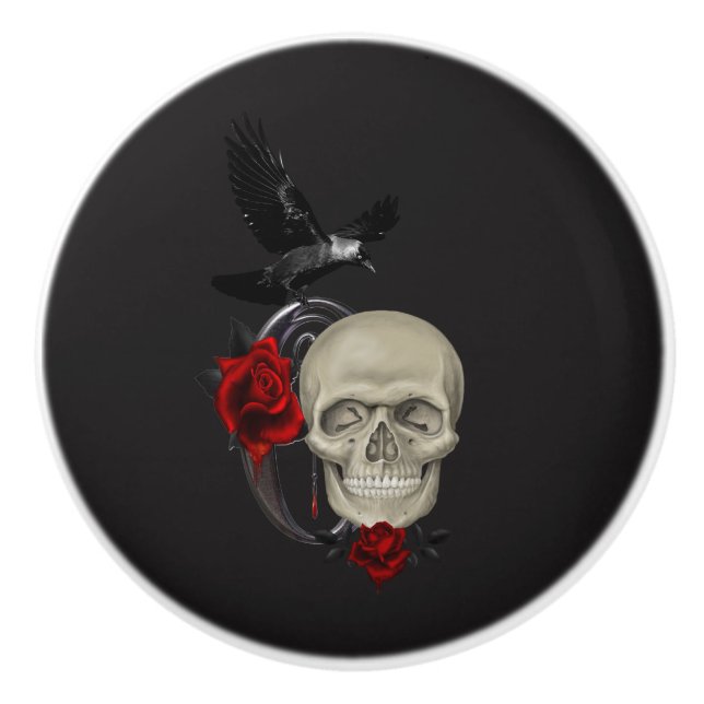 Pomo De Cerámica Calavera gótica con Rosa y raven (Anverso)