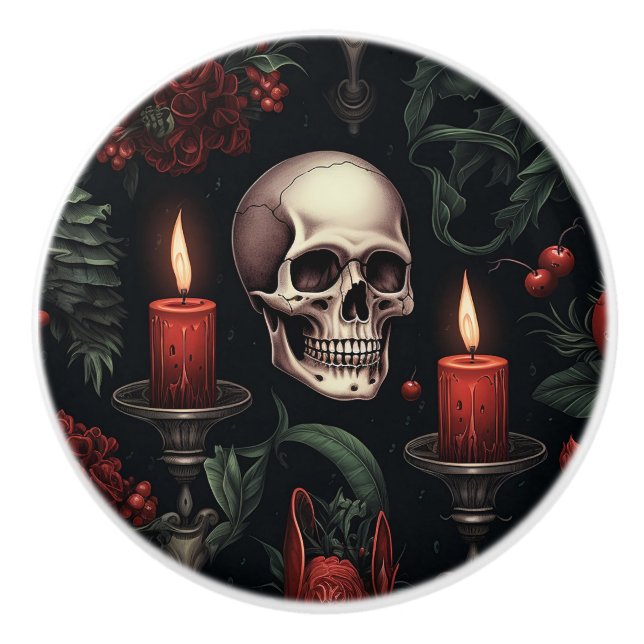 Pomo De Cerámica Calavera gótica y velas (Anverso)