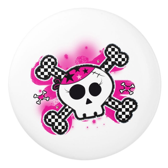 Pomo De Cerámica Calavera pirata rosada cruza el Punk Dresser (Anverso)