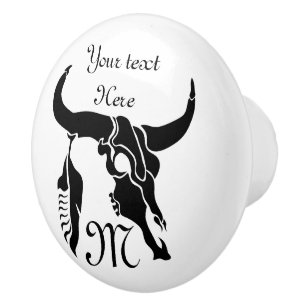 Pomo De Cerámica Calavera tribal de toro de Longhorn con piel negra