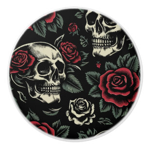Pomo De Cerámica Calaveras & Rosas Rojas Floral Gótico