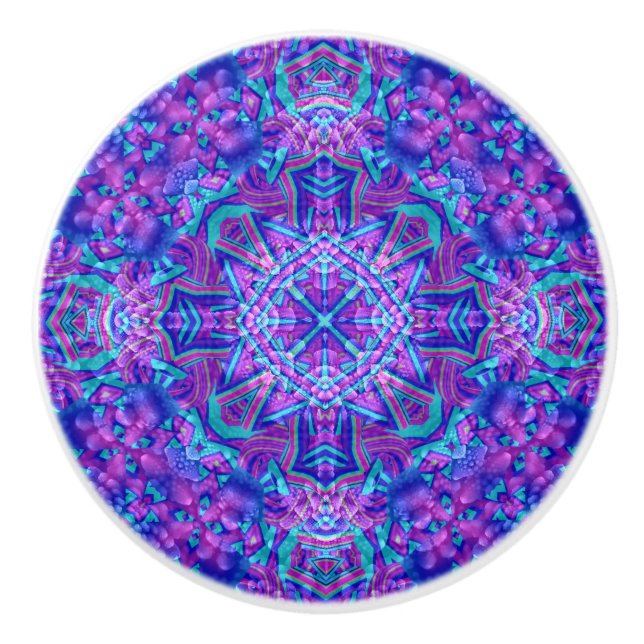 Pomo De Cerámica Caleidoscopio púrpura y azul del fractal del (Anverso)