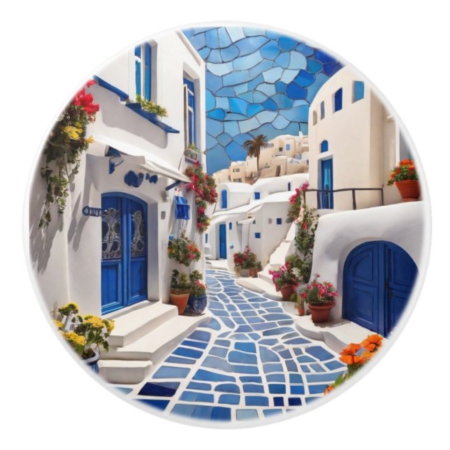Pomo De Cerámica Calle Santorini, Grecia, Arte Mosaico Pueblo Grieg (Anverso)