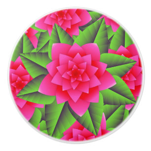 Pomo De Cerámica Camellias rosas Fuschia y hojas verdes
