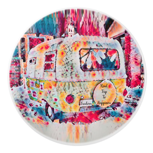 Pomo De Cerámica Camper retro viaje por carretera a la felicidad (Anverso)