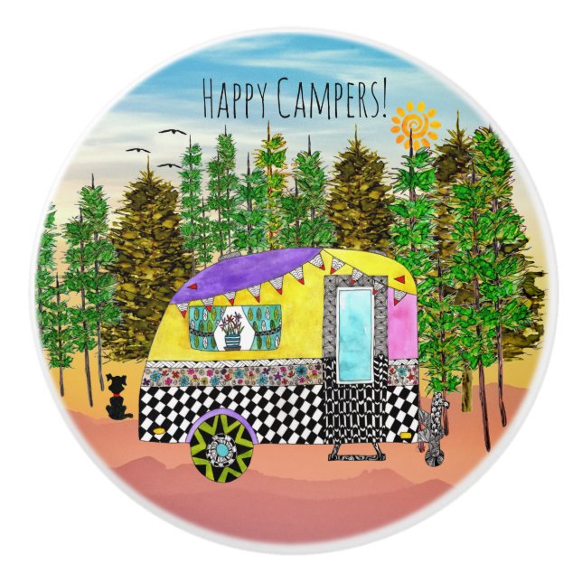 Pomo De Cerámica Campers felices y coloridas (Anverso)