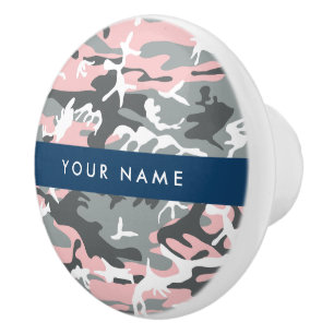 Pomo De Cerámica Camuflaje rosa y gris Personaliza tu nombre