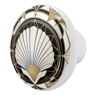 Pomo De Cerámica Capa de conchas de oro y blanco negro Art Deco