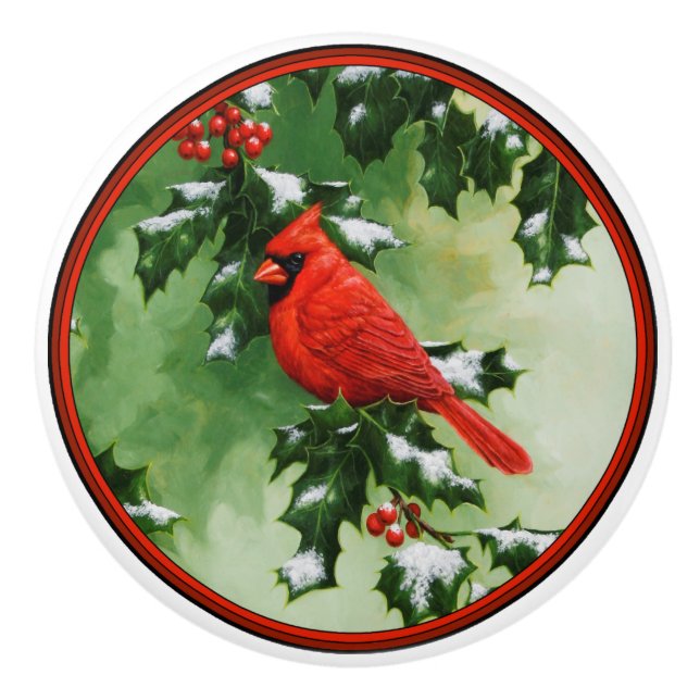 Pomo De Cerámica Cardenal norte masculino y holly (Anverso)