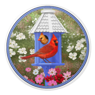 Pomo De Cerámica Cardenales y Aves Azules