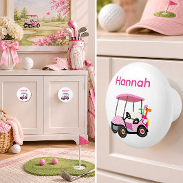 Pomo De Cerámica Carrito de Golf Personalizado Rosa y Blanco para N