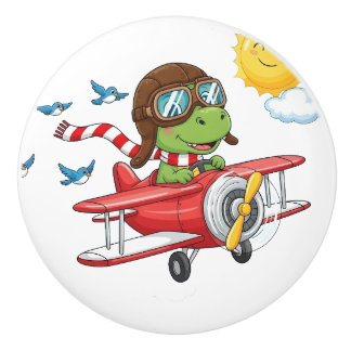 Pomo De Cerámica Cartoon Dinosaur Pilot Flying Red Airplane