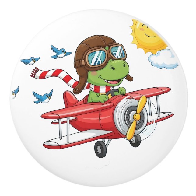 Pomo De Cerámica Cartoon Dinosaur Pilot Flying Red Airplane (Anverso)