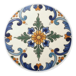 Pomo De Cerámica Casa de campo Folk Flor Mediterráneo Azul Naranja