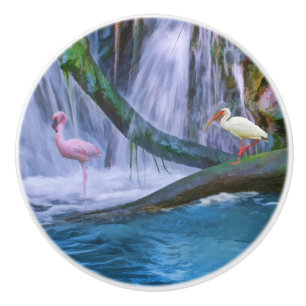 Pomo De Cerámica Cascada, flamenco, e Ibis tropicales