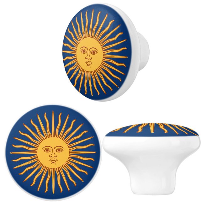 Pomo De Cerámica Celestial Amarillo Sunshine Face en Blue Elegant (Celestial sunburst ceramic furniture, cupboard or drawer pull knobs will add style and warmth!)