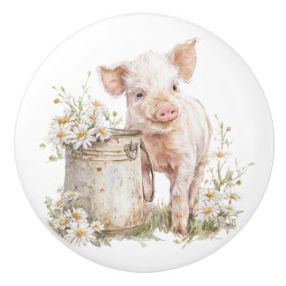 Pomo De Cerámica Cerdito de Gabinete Floral de Casa de Campo con Ca